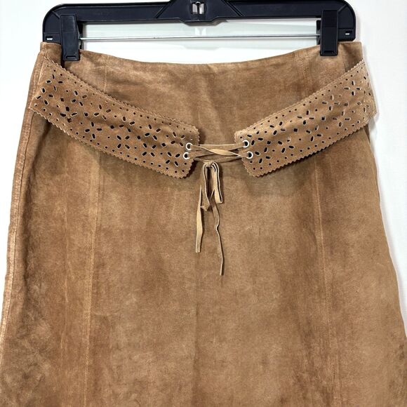 Vintage Suede Leather Midi Skirt 10 Tan Brown Lace Tie Eyelet Western Cowgirl - Picture 2 of 8